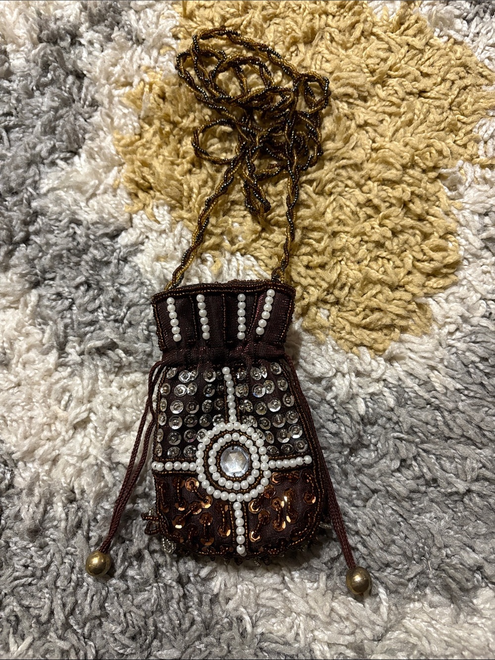 Brown Beaded Drawstring Evening Bag with Crystal Accent